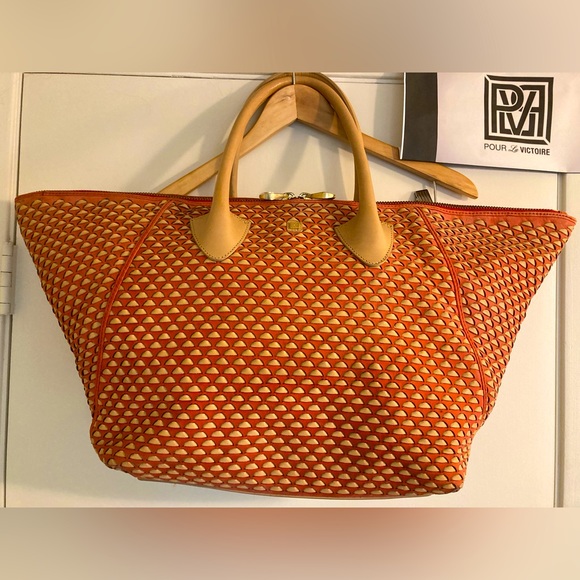 Pour La Victoire Leather basketweaved Authentic Extra Large Tote  Tan/Orange - Picture 4 of 16